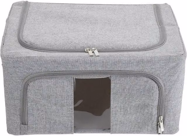KORVIXA 24L Medium Folding Stackable Fabric Clothes Box in Grey and Transparent with Handles – 1