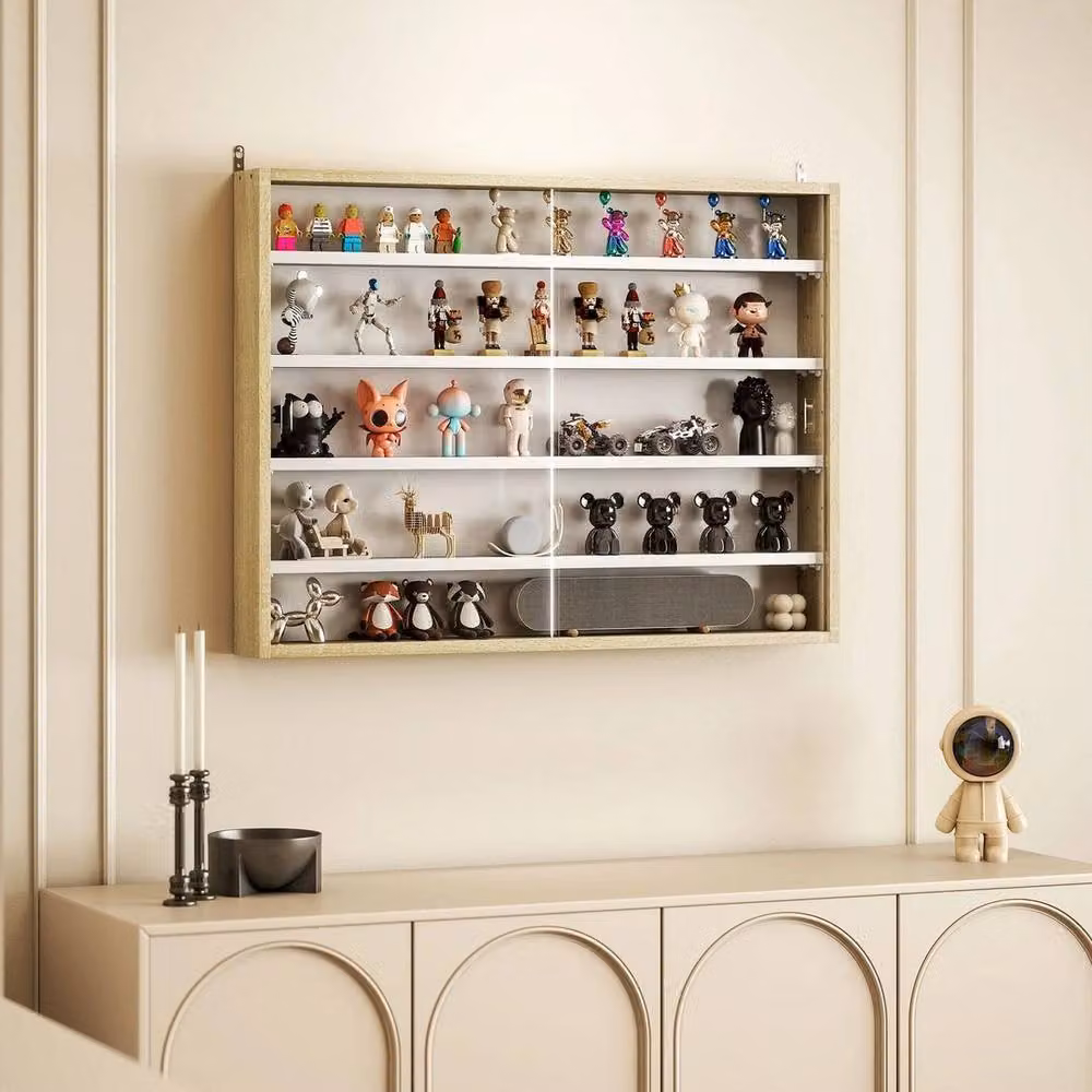 FORGEVIO 5-Tier Wall Mounted Display Shelf Unit Cabinet in Natural Wood and Glass with Adjustable Shelves – 2