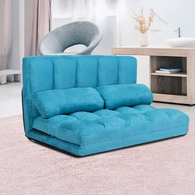 Costway 2 in 1 Folding Floor Lazy Sofa Bed in Blue and Turquoise Fabric with Metal Frame