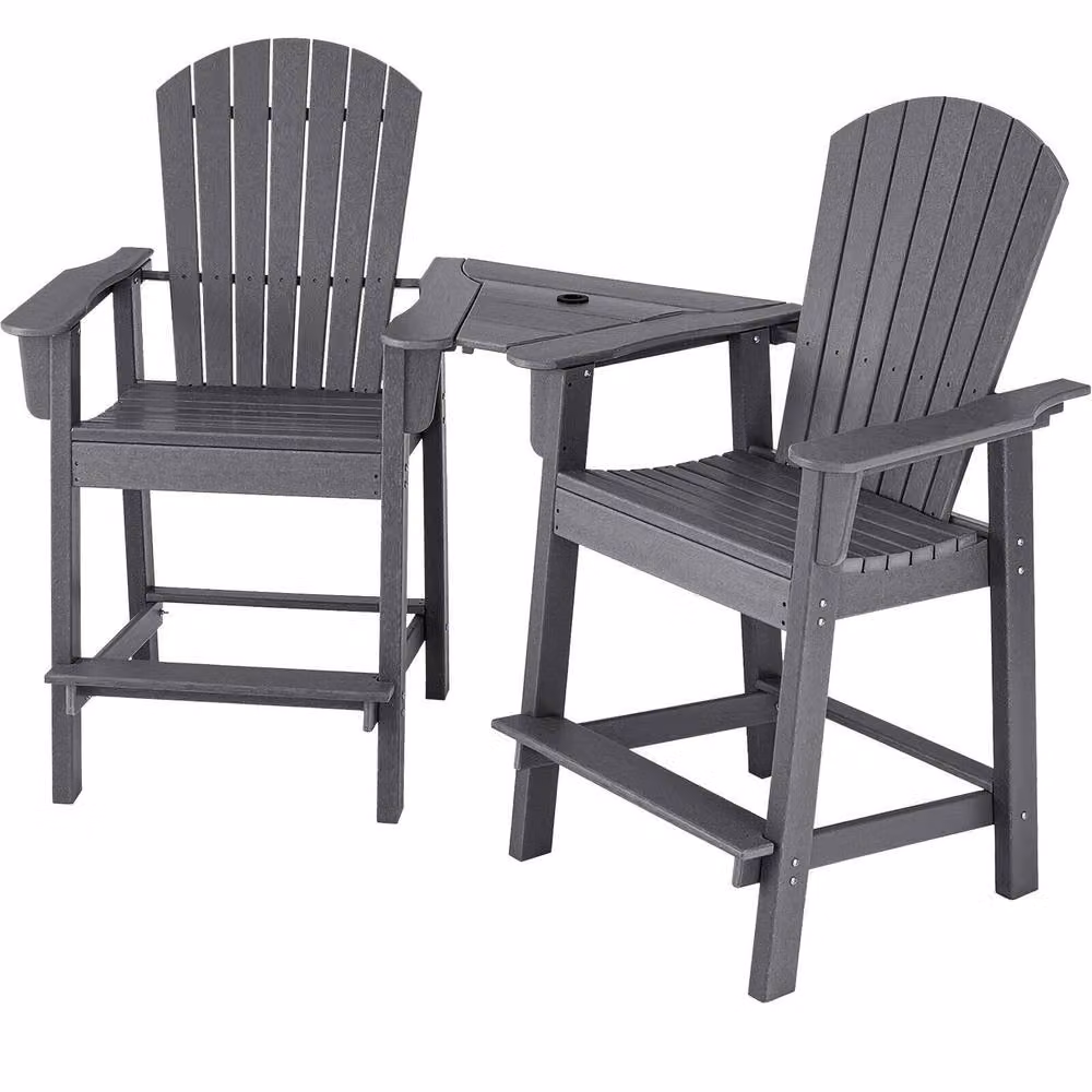 Gymax Grey Adirondack Chair Set with Double Barstools and Middle Connecting Tray – 8