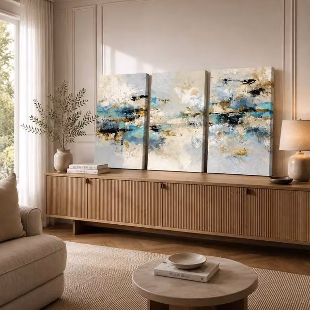 Mafett Abstract Blue and Gold Scandinavian Canvas Wall Art Set of 3, W: 60.96 cm x H: 81.28 cm – 1