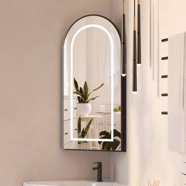 KEEPREAPER Modern Black Matt Corner Mirror Cabinet with Integrated LED Lighting and Glass Hinged Doors