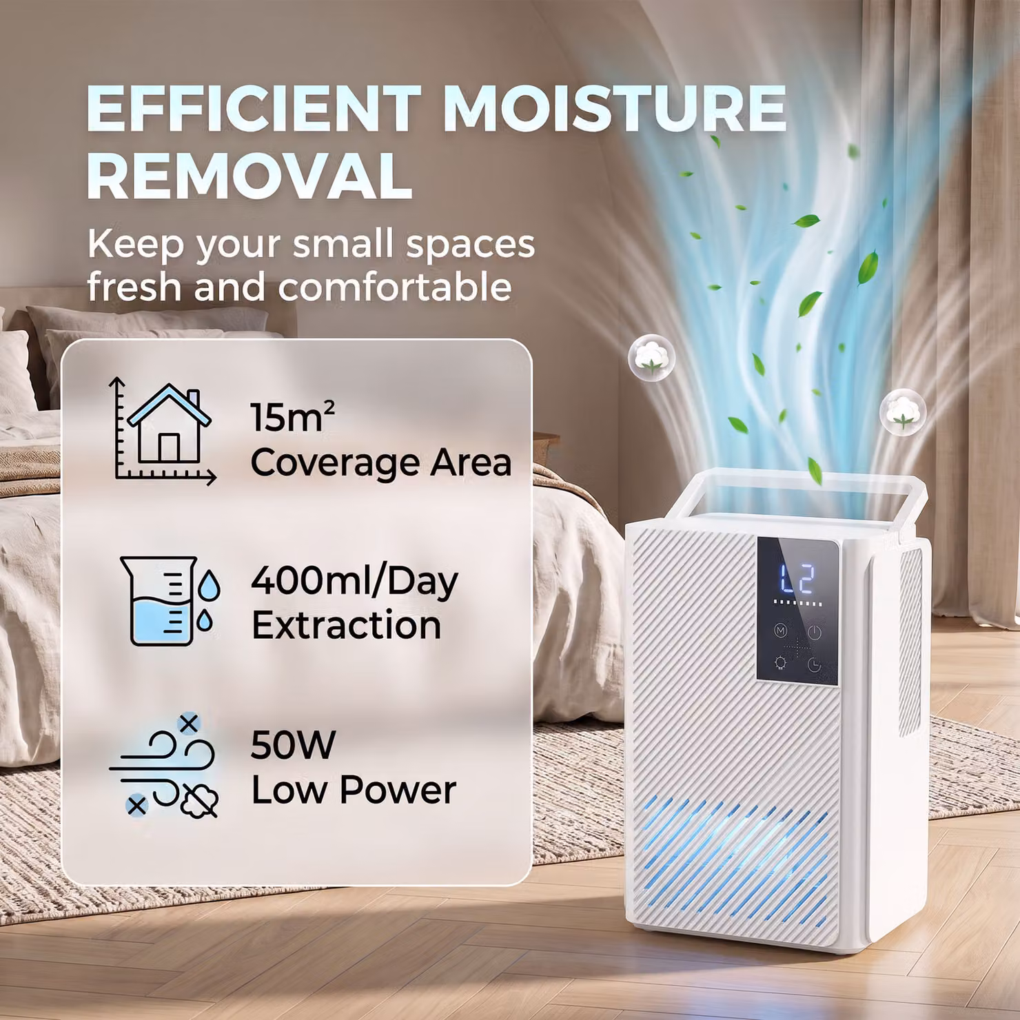 HOMCOM Small Dehumidifier with RGB Mood Lights, 24H Timer and LED Display, White – 2