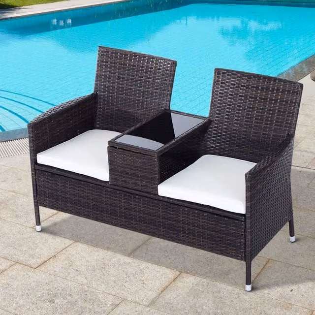 Outsunny Modern PE Rattan Duo Seat Table and Bench Set with Padded Cushions in Brown and Grey