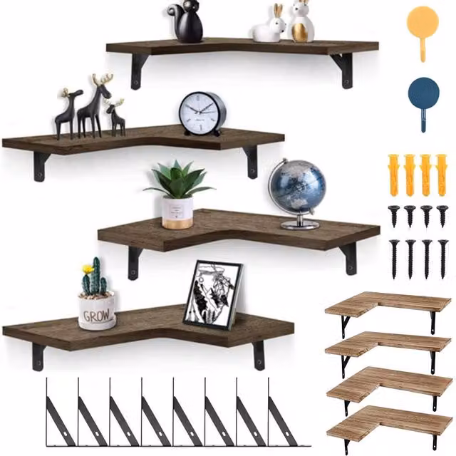 Hinsinc 4 Piece Corner Floating Wooden Display Shelves, Wall Mounted, Light Brown