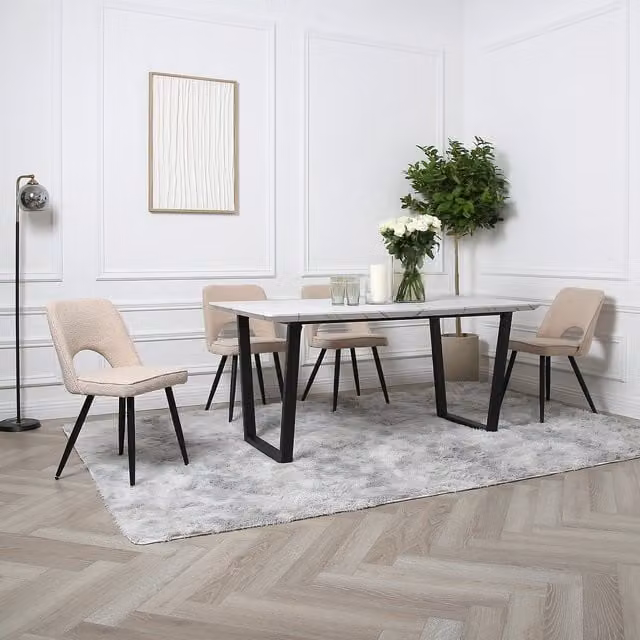 Home Garden Direct Marble Dining Table and 4 Boucle Chairs in Beige and White