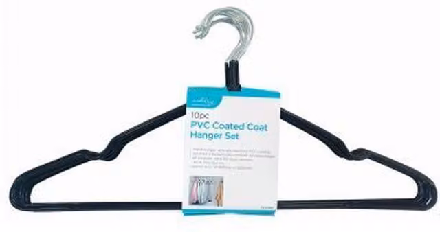 Ashley Non-Slip PVC-Coated Metal Coat Hangers with Notches, Black, Pack of 10