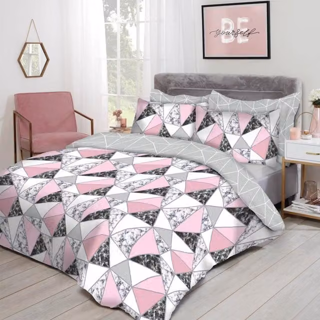 Dreamscene Marble Geo Reversible Duvet Cover and Pillowcase Bedding Set, Pink, Grey and White, W: 200 cm x L: 200 cm