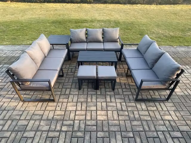 Fimous 11 Seater Outdoor Garden Furniture Set in Dark Grey with Powder Coated Aluminium Frame, Oblong Coffee Table, 3 Seater Sofa, Side Table and 2 Ottomans with Cushions