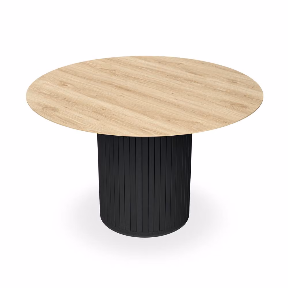 More4Homes Arlo Oak Round Dining Table with Black Legs and 6 Nova Beige Velvet Dining Chairs Set – 2