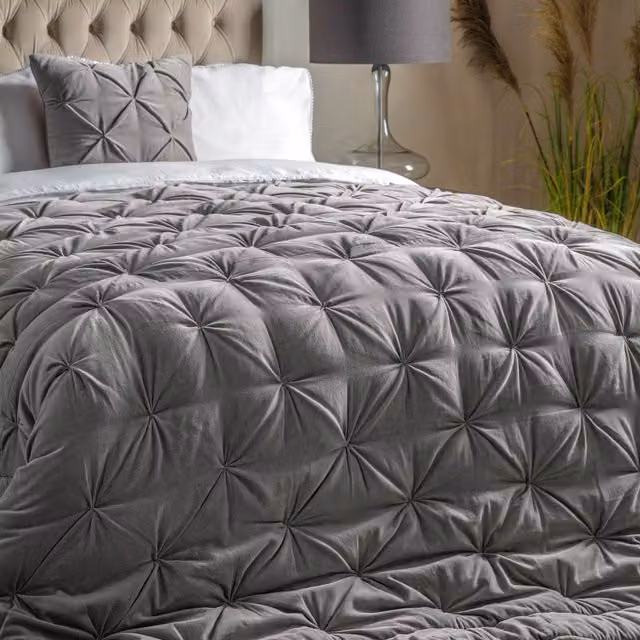 Gallery Grey Velvet and Cotton Bedspread W: 220 cm, D: 240 cm