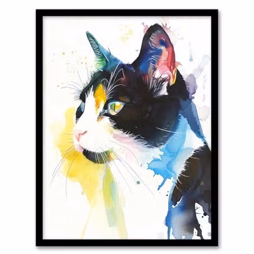 Artery8 Tuxedo Black and White Cat Watercolour Framed Wall Art Print, A4 – 1