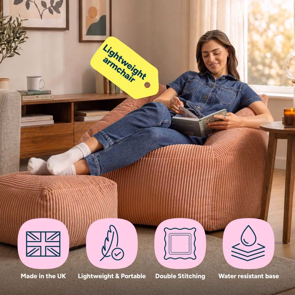 icon Bean Bag Armchair and Footstool Jumbo Cord Bundle in Pink, Medium – 2
