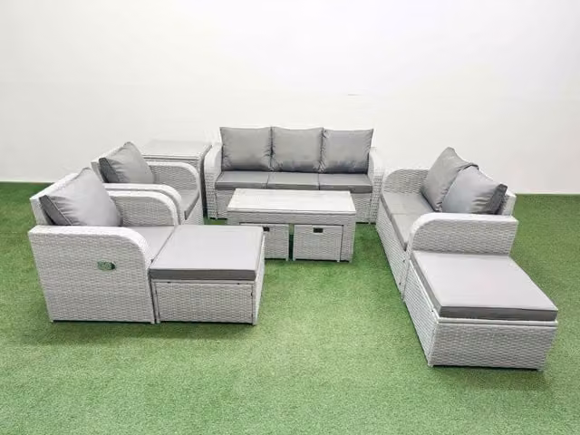 Fimous PE Wicker Rattan Garden Furniture Set with Oblong Coffee Table and Love Sofa in Light Grey