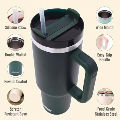 Milestone Camping 40oz Insulated Stainless Steel Tumbler with Straw, Handle and Lid in Green – 4