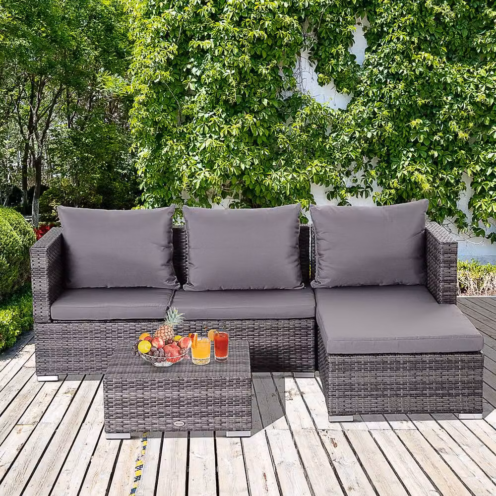 ERGOVEXA 3 Piece Grey Rattan Garden Furniture Set with Upholstered Cushions and Coffee Table – 3