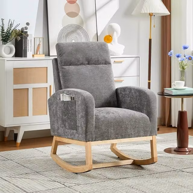 London Boutique Modern Rocking Glider Chair, Upholstered Grey Wingback Armchair with Side Pockets and Solid Rubberwood Frame