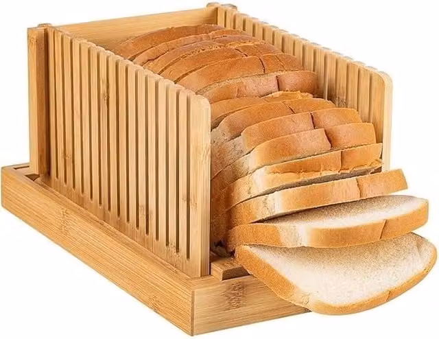VOGREX Foldable Bamboo Bread Slicer for Loaves, Cakes and Bagels in Beige