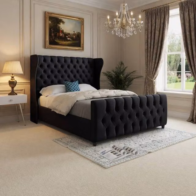 KDMD Kilburn Small Single Upholstered Designer Bed Frame in Black Soft Velvet