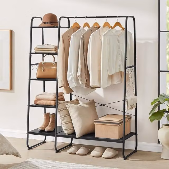 The Bazaarist Clothes Rail with Integrated 5-Tier Storage Shelving and Shoe Rack in Matte Black