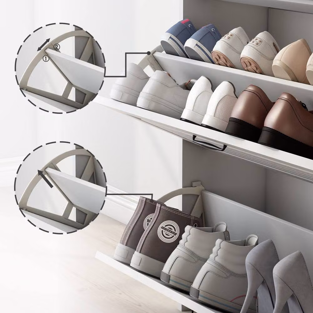 BTM White Narrow Shoe Storage Cabinet with Tilting Compartments and Drawers, H 131 x W 80 x D 23.5 cm – 2
