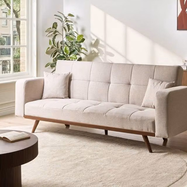 Wyld and Coco 3-Seater Beige Fabric Click-Clack Sofa Bed with Metal Legs – 1