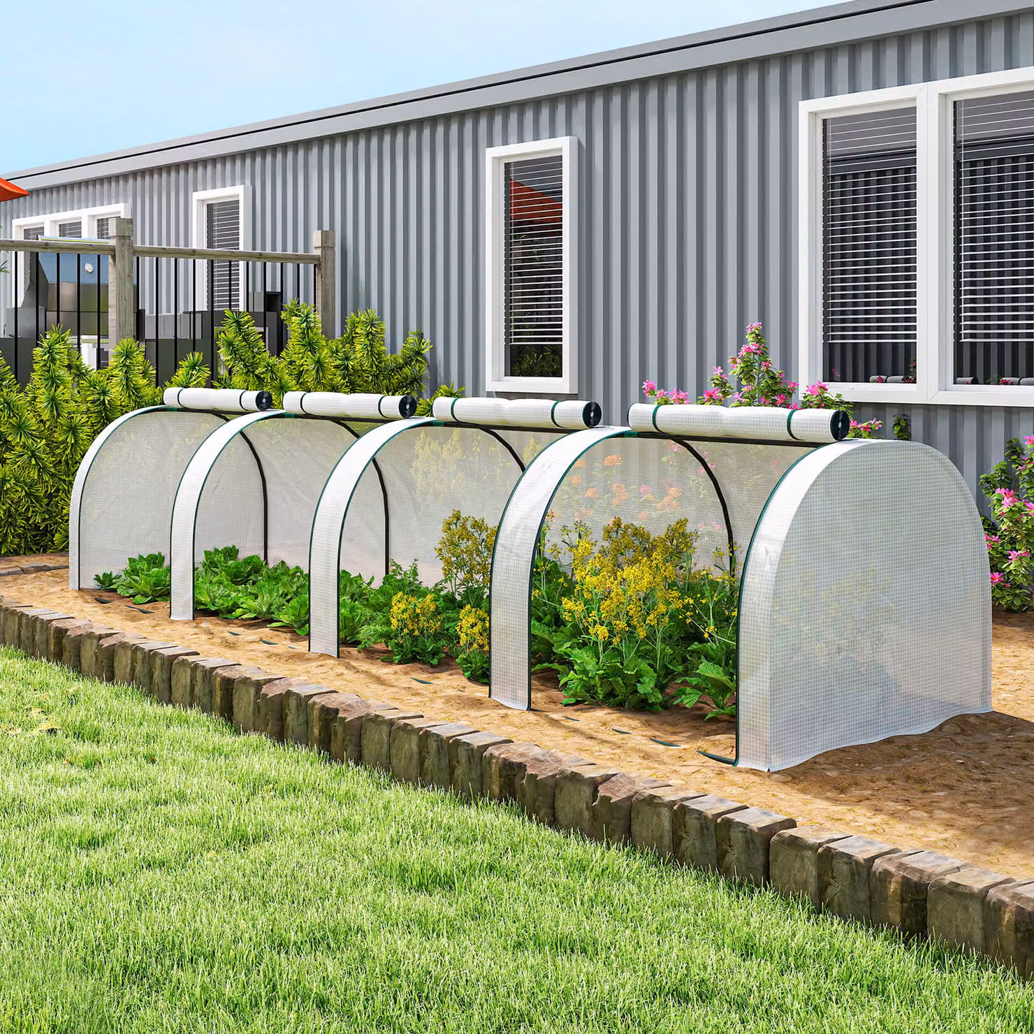 Outsunny White Low Tunnel Greenhouse with Steel Frame and Roller, W: 395 cm, D: 100 cm, H: 100 cm – 4