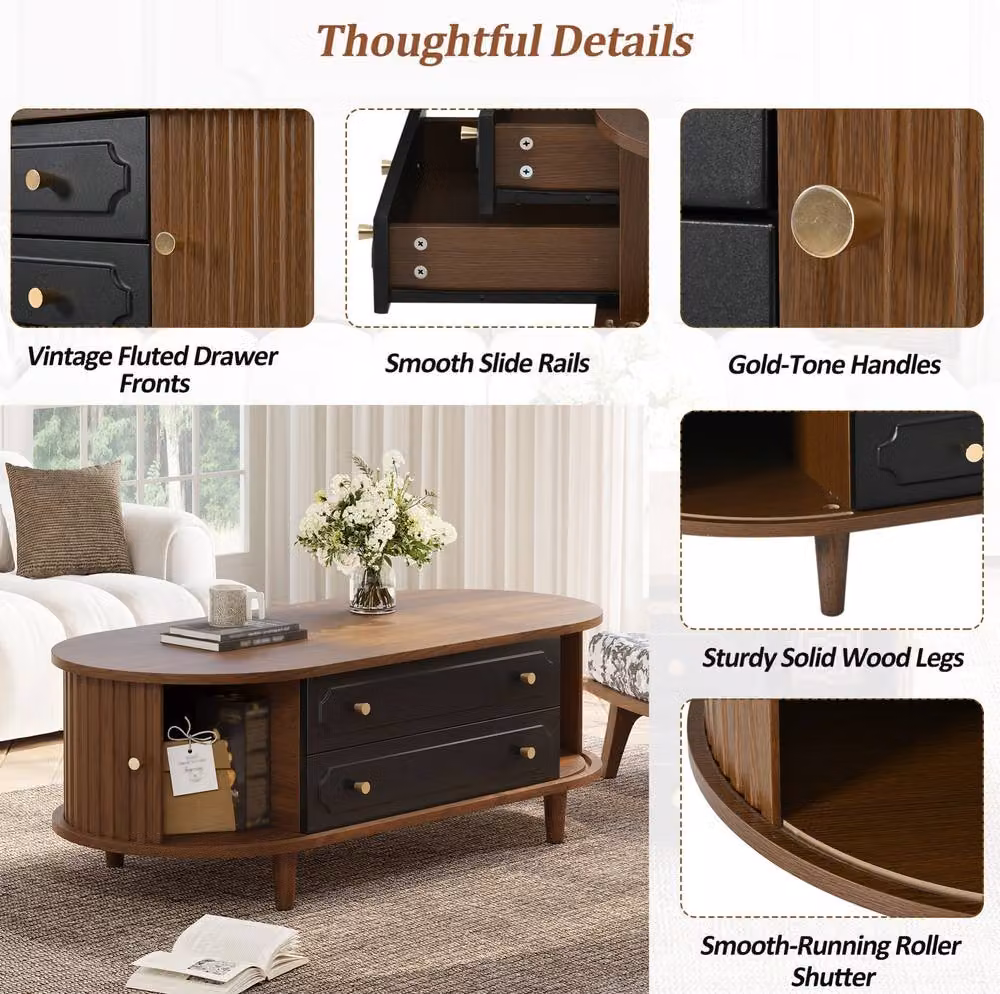 STILVORA Retro Wood Coffee Table with 2 Drawers, Brown and Black, W: 100 cm, D: 50 cm, H: 36 cm – 5