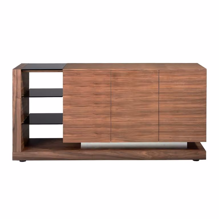 Angel Cerda Walnut Veneer Sideboard with Black Glass Top in Brown
