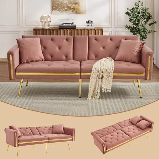ModernLuxe Pink Velvet 2-Seater Convertible Sofa Bed with Adjustable Headrest and Cup Holders