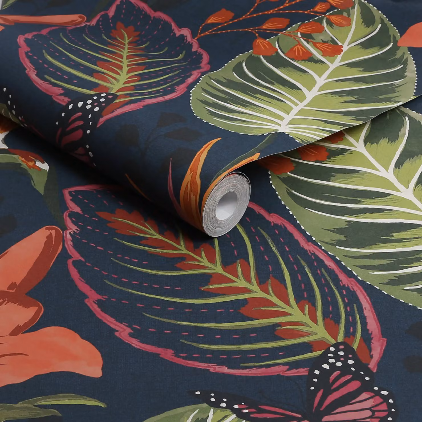 Envy Eden Floral Wallpaper in Night in Navy with Botanical and Animal Patterns, Width: 52 cm – 2
