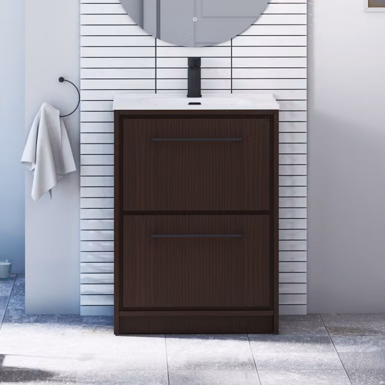Royal Bathrooms Livora 600mm Walnut Woodgrain Floor Standing 2 Drawer Vanity Unit with Ceramic Basin and Matt Black Handle