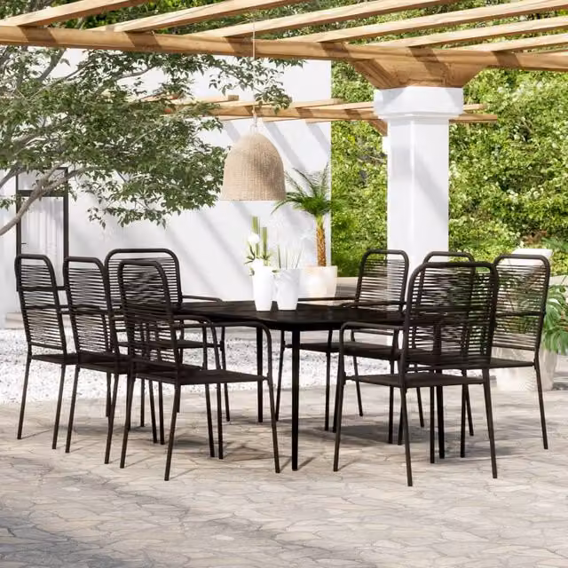 Berkfield Home 9 Piece Modern Garden Dining Set in Matt Black Metal and Glass – 1