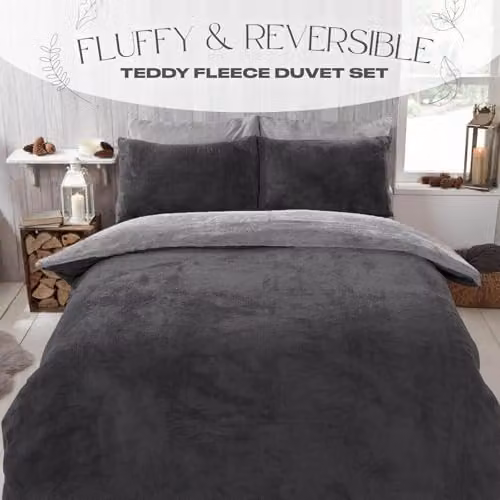 Brentfords Reversible Teddy Fleece Duvet Cover and Pillowcase Set in Anthracite and Silver Grey, W/D/H: 240 x 220 cm – 2