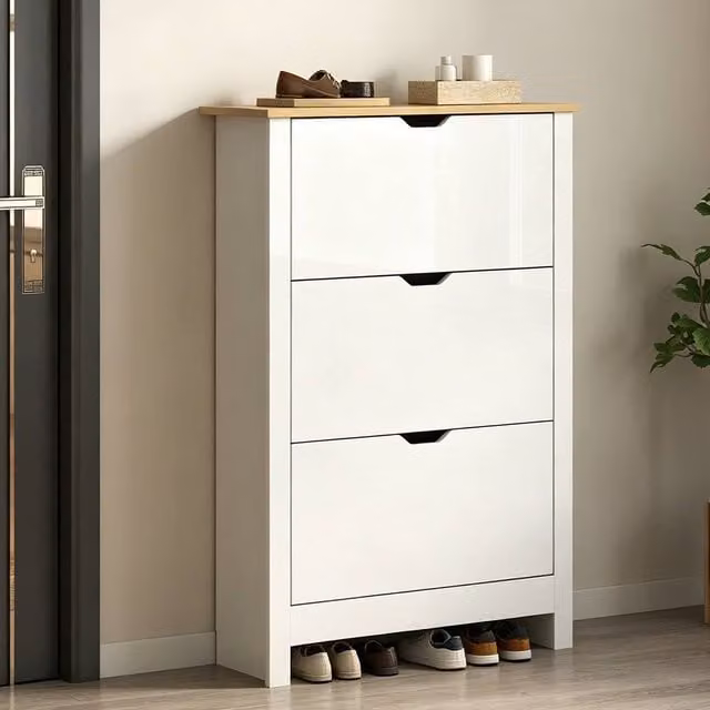 ERGOVEXA High Gloss Slim Shoe Cabinet with 3 Tilting Drawers in White