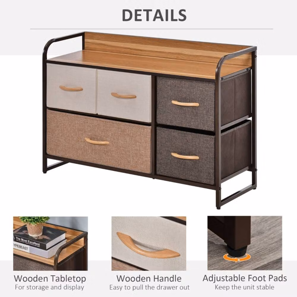 STILVORA 5-Drawer Chest with Metal Frame and Wood-Effect Top in Beige – 4