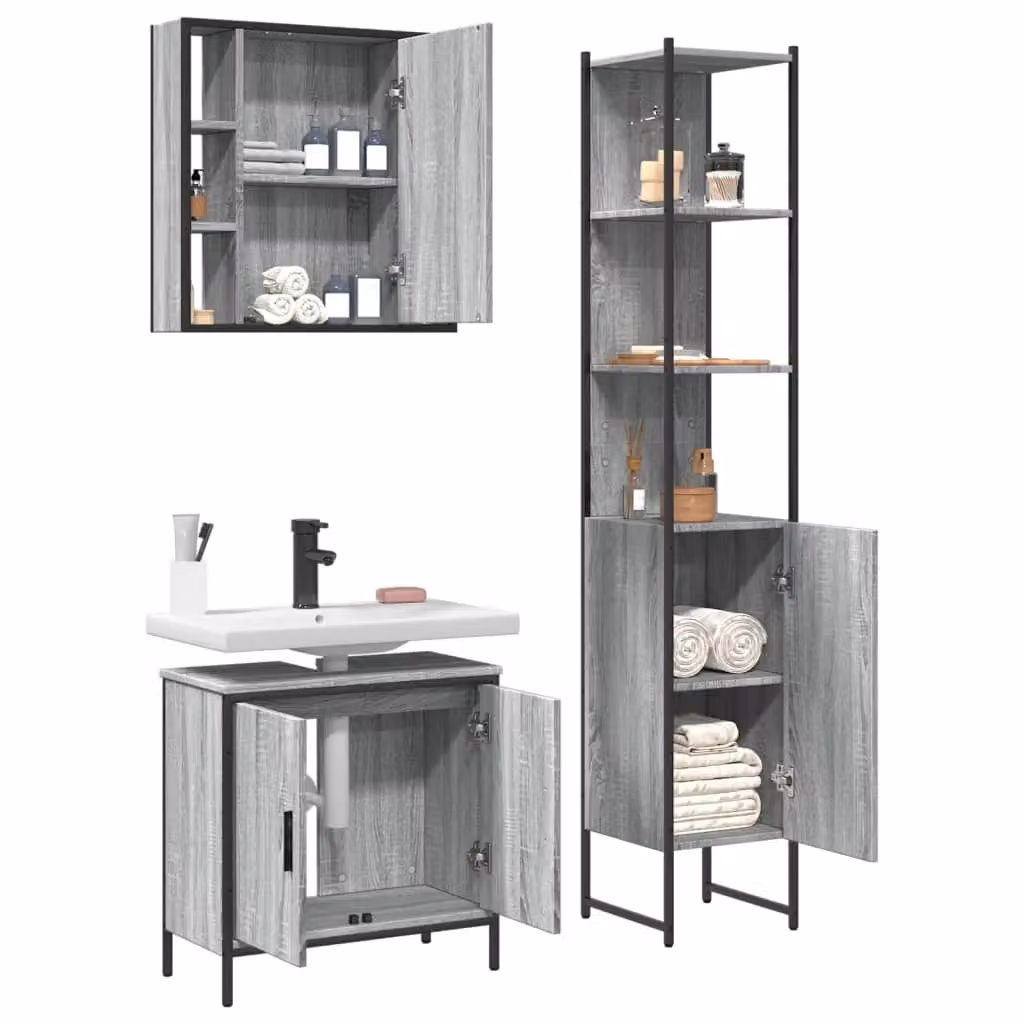 Berkfield Home 3 Piece Modern Grey Bathroom Cabinet Set with Mirror Cabinet and Hinged Doors – 3