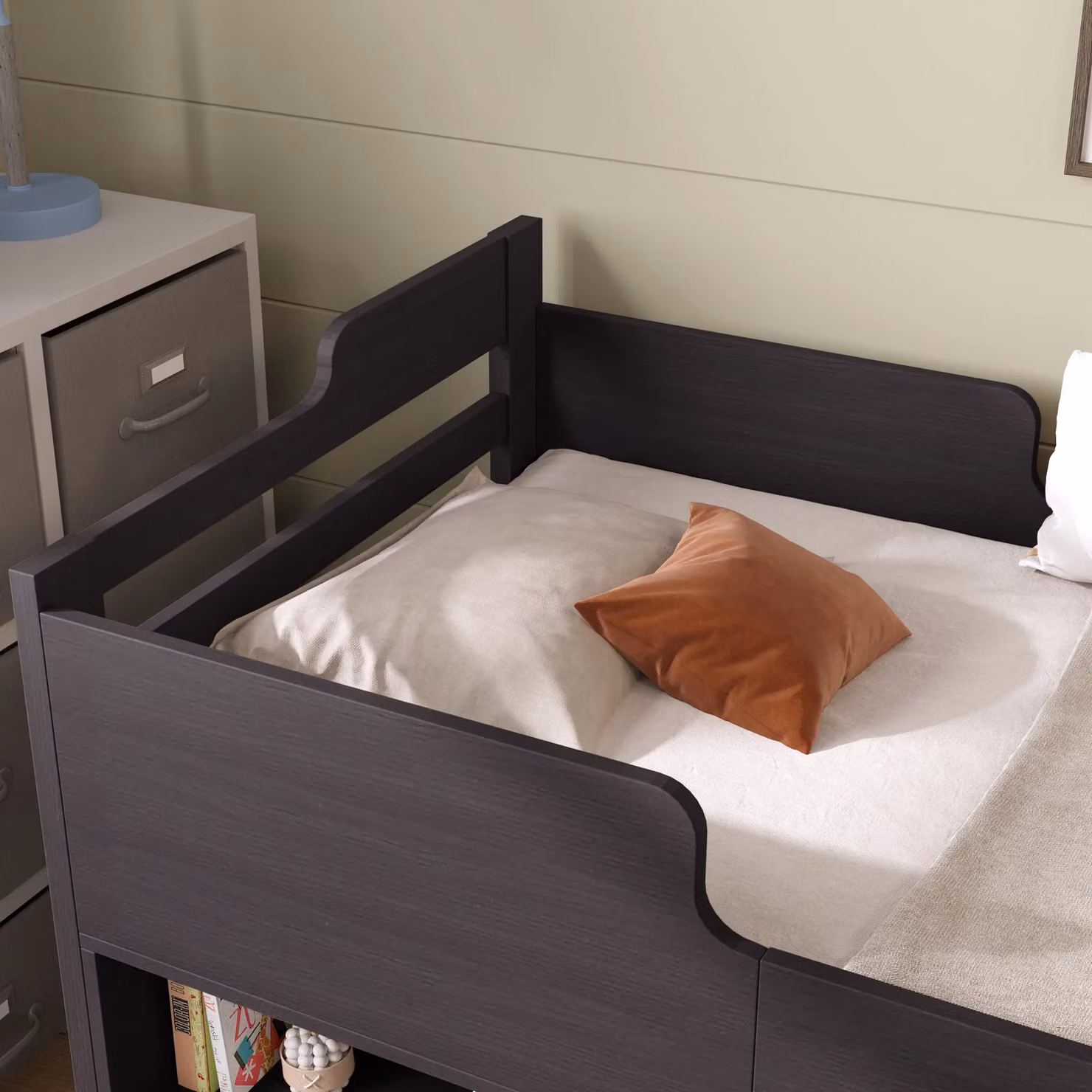 Matteo Mid Sleeper Cabin Bed Frame with Drawers and Shelf Storage in Beige and Grey, Single Size – 5