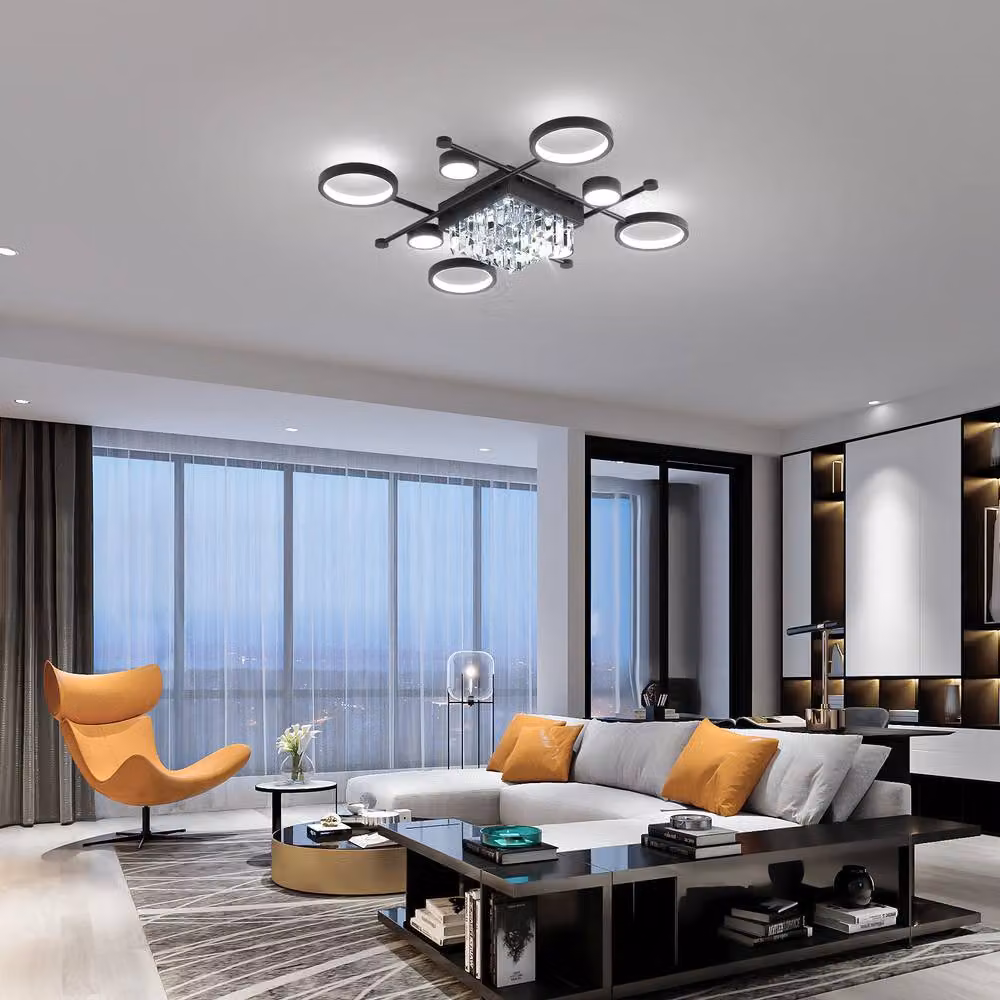 NIVOR Dimmable 65W LED Ceiling Light in Jet Black with Remote Control, Rectangular Flush Mount with Crystal and Acrylic Details – 3