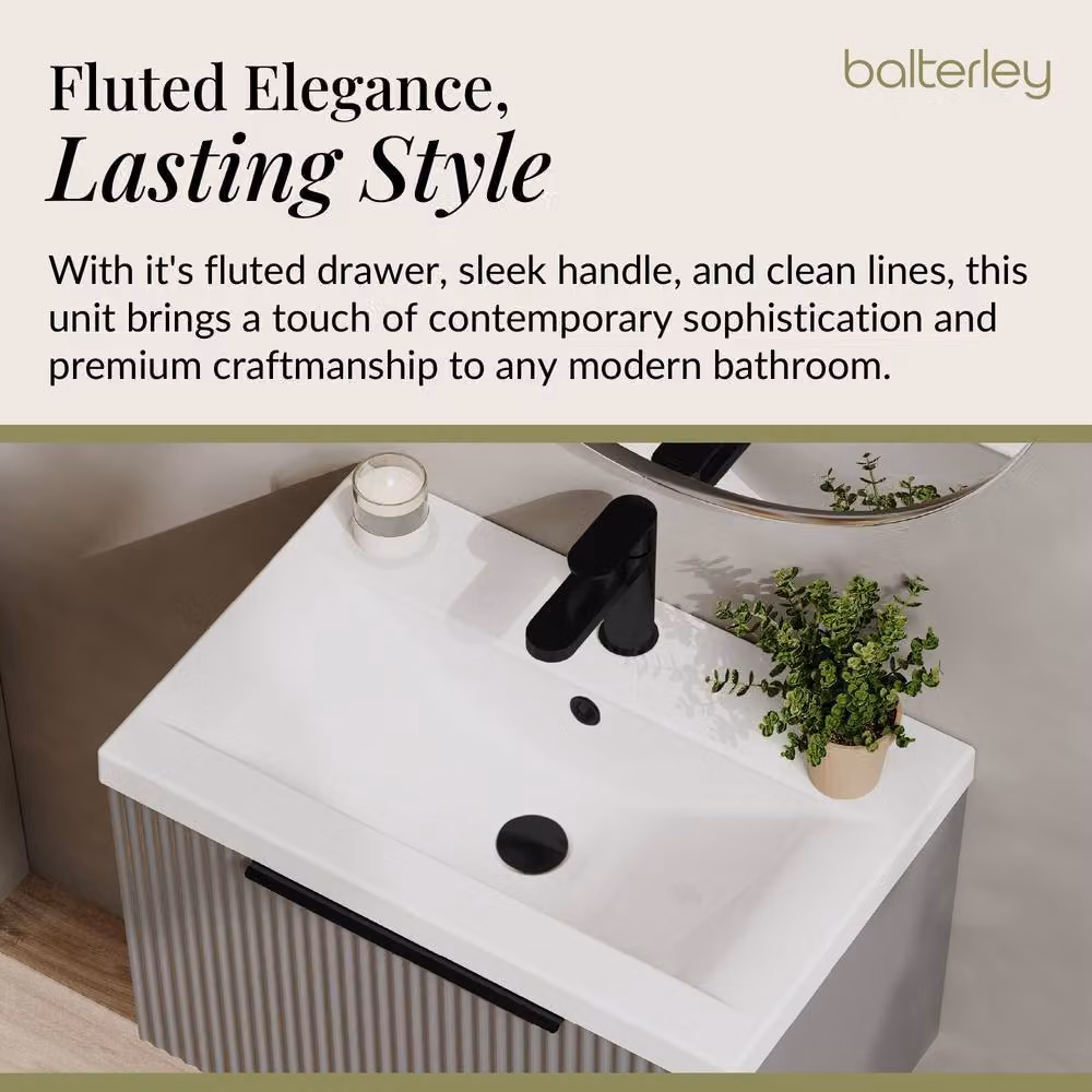 Balterley Fluted Front Wall Hung 1 Drawer Vanity Basin Unit, Satin Grey, W: 60 cm – 2