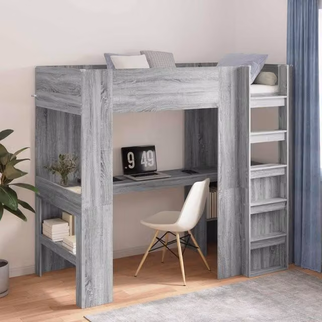Berkfield Home Loft Bed Frame with Desk and Side Compartment Storage, Grey, W: 100 cm, L: 200 cm