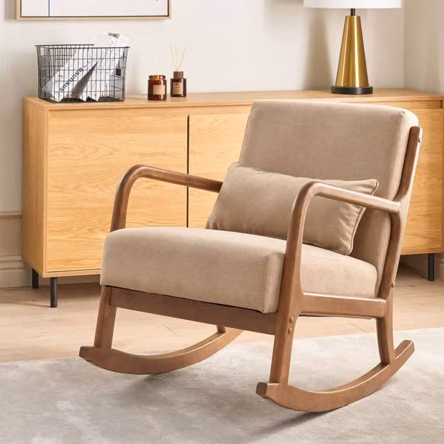 Wyld and Coco Heritage Rockhaven Beige Fabric Rocking Chair with Rubberwood Legs