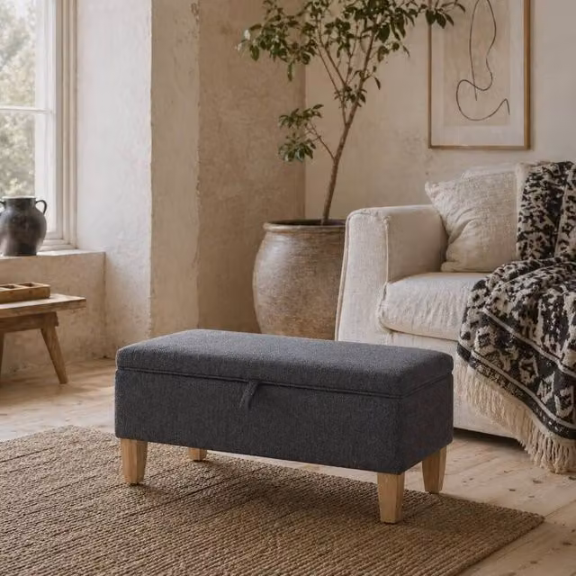 Wyld Haus Cose Dark Grey Linen Look Storage Ottoman with Padded Seat and Wooden Legs