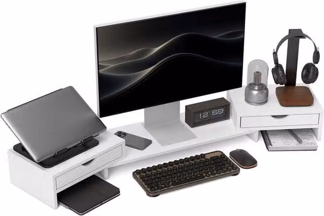 Nordara Adjustable Dual Monitor Stand Riser with 2 Storage Drawers, White, W: 100 cm, D: 60 cm