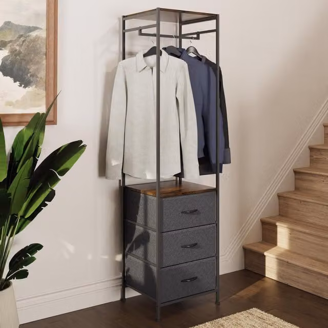 FWStyle Industrial 3 Drawer Storage Unit with Hanging Rail in Brown and Black