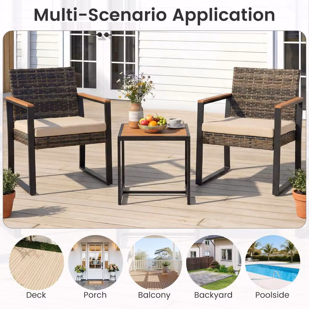 Costway 3-Piece PE Rattan Patio Conversation Set with Cushions and Side Table in Beige – 8