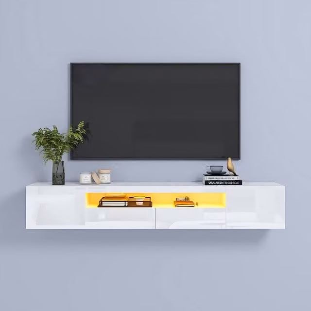 KEEPREAPER Floating TV Stand for 55-80 inch TVs with LED Light and White Glossy Storage Cabinet