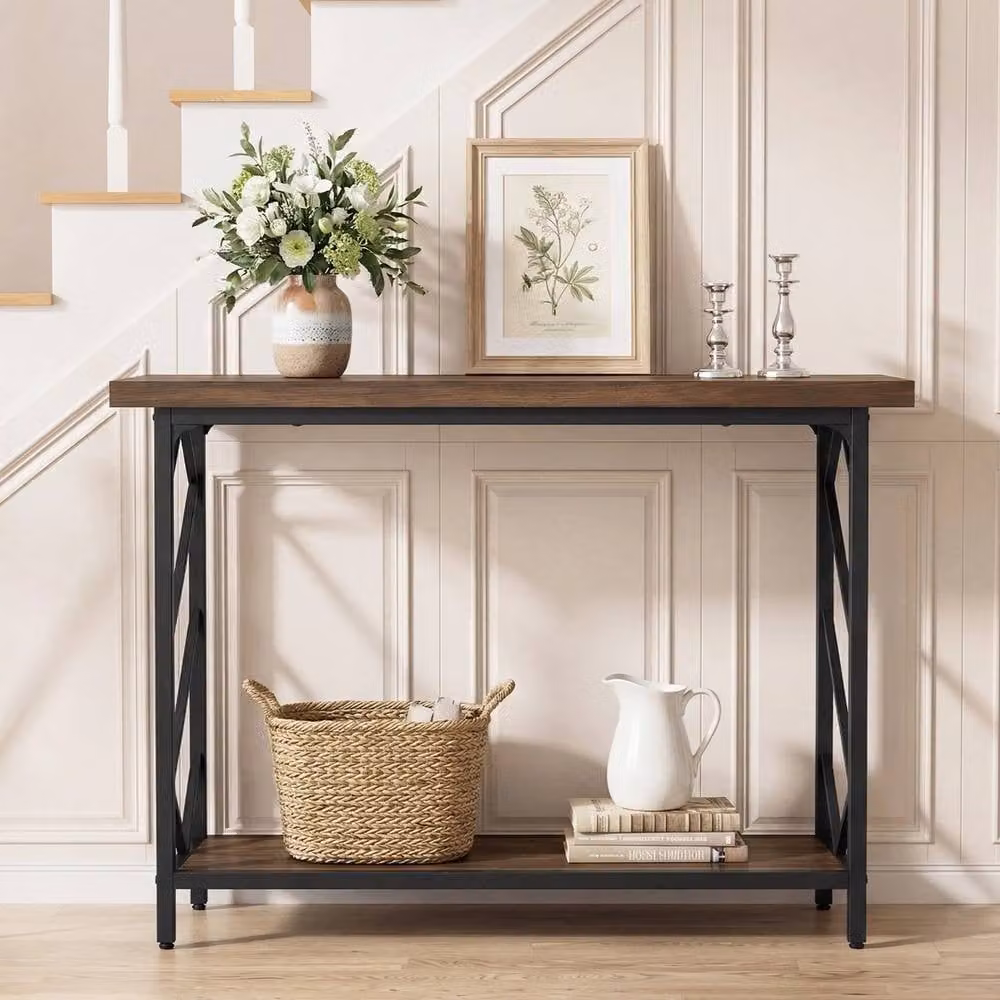 FORGEVIO 2-Tier Industrial Entryway Table with Open Storage Shelf in Brown – 3