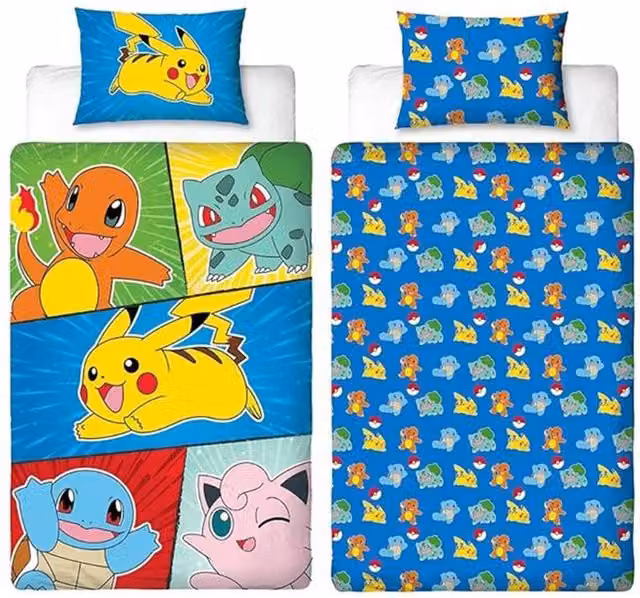 Pokemon Retro Reversible Duvet Cover and Pillowcase Set, Multicolour, W/H: 90 x 190 cm