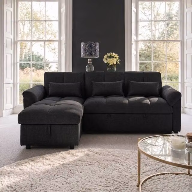 Sofaya Arlo 3 Seater L-Shape Corner Chaise Sofa Bed in Black Fabric with Reversible Sleeping Function